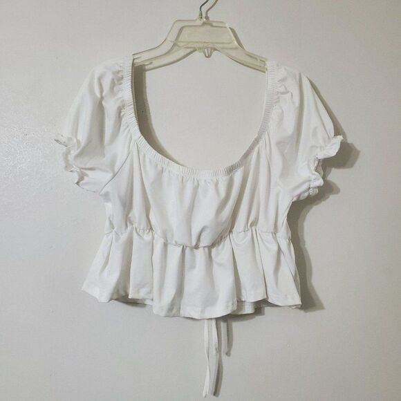 Shein Womens Sz Large White Puff Sleeve Peplum Tie Front Crop Top - Picture 4 of 9